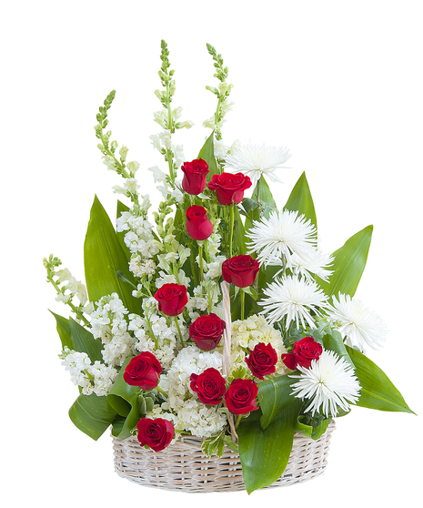Sympathy basket of red and white flowers. 