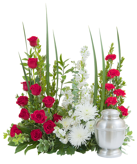 Sympathy arrangement of red and white flowers. 
