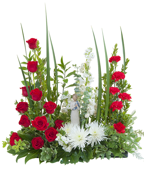 Sympathy display of red and white flowers with a Willow Tree keepsake statue. 