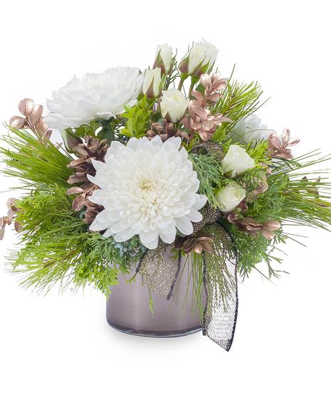 Mixed winter greens and white flowers accented with pine cones and rose gold boxwood